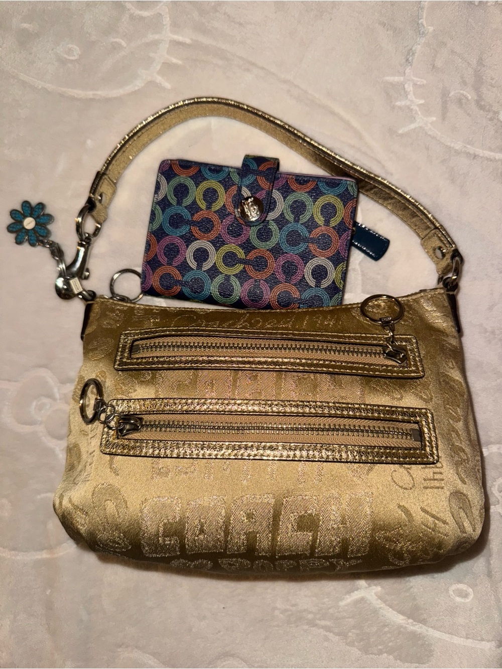 Coach Gold Metallic Shoulder Bag with Multicolor Wallet